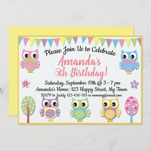 Owl verjaardagsuitnodiging kaart (Voorkant / Achterkant)