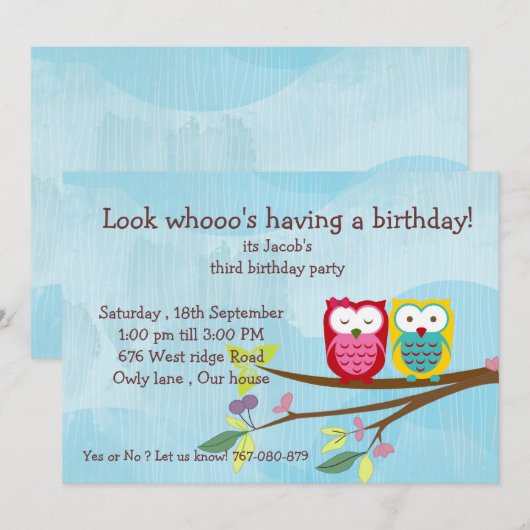 Owl verjaardagsuitnodiging kaart (Voorkant / Achterkant)