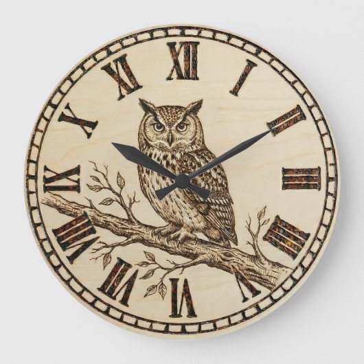 Owl Wall Clock – Forest Wood-Burned Style Grote Klok (Voorkant)