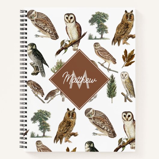  owl Waterverf Forest Pattern Monogram Notitieboek (Voorkant)