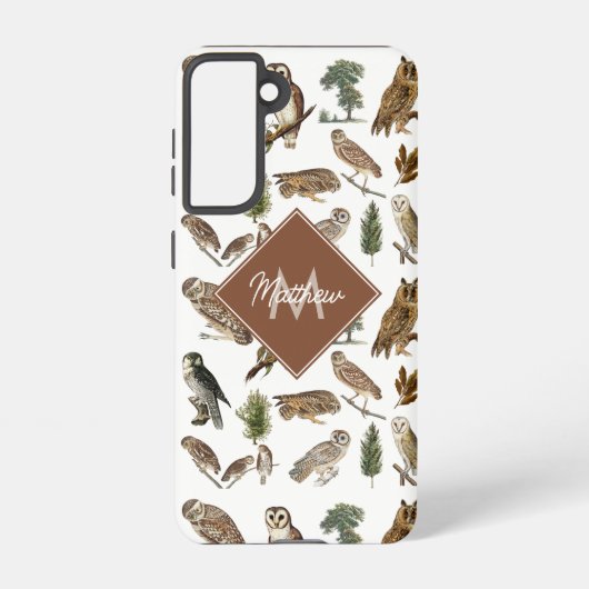 owl Waterverf Forest Pattern Monogram Samsung Galaxy Hoesje (Achterkant)