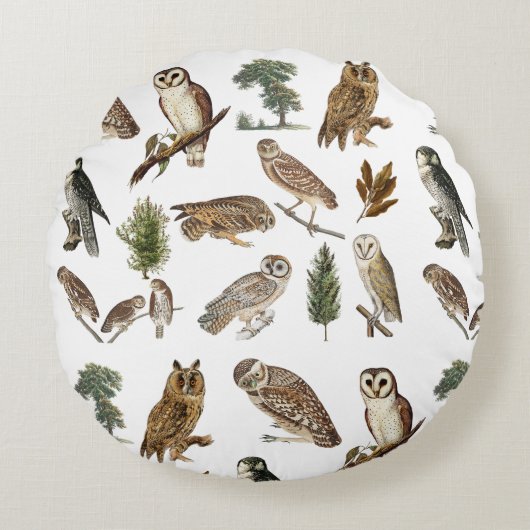 owl Waterverf Forest Pattern Rond Kussen (Voorkant)