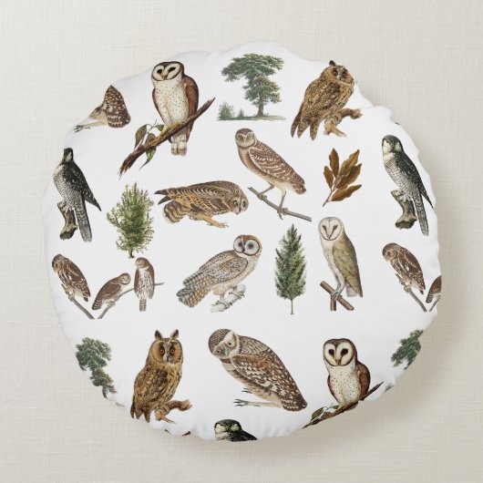  owl Waterverf Forest Pattern Rond Kussen (Achterkant)