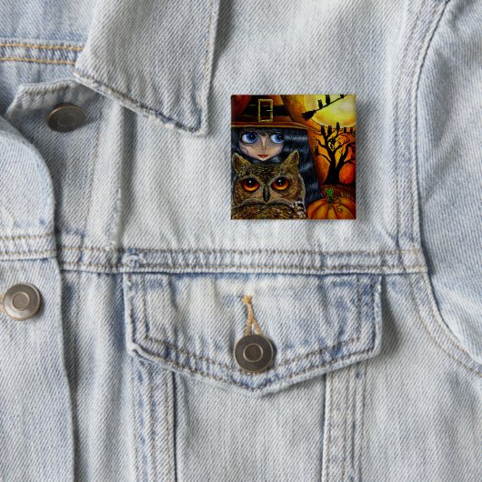 Owl Witch Halloween Button (In situ)