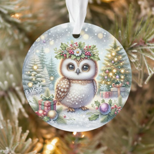 Owl with Holly Wreath & Snowy Trees Ornament (Boom)