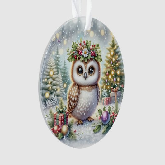 Owl with Holly Wreath & Snowy Trees Ornament (voorkant)