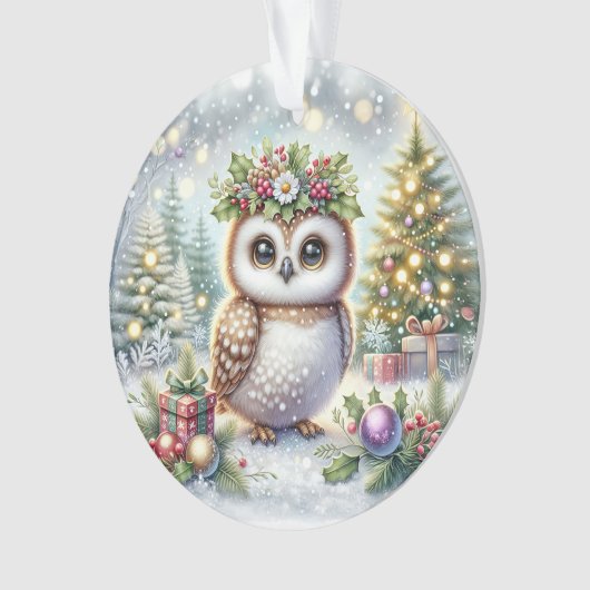Owl with Holly Wreath & Snowy Trees Ornament (voorkant)
