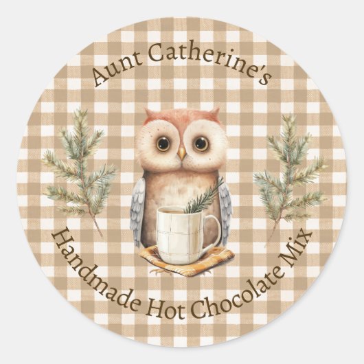 Owl with Mug Brown Gingham Hot Cocoa Mix Label (Voorkant)
