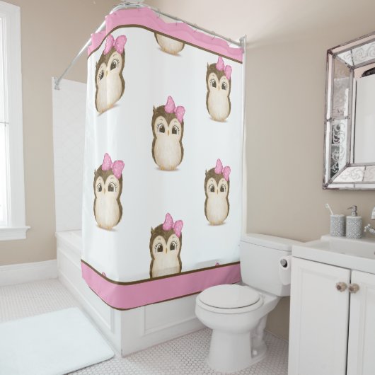 Owl Woodland Animals Waterverf Pink Cute Douchegordijn (In situ)