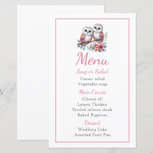 Owl Woodland Boho Rustic Country Wedding Menu (Voorkant / Achterkant)