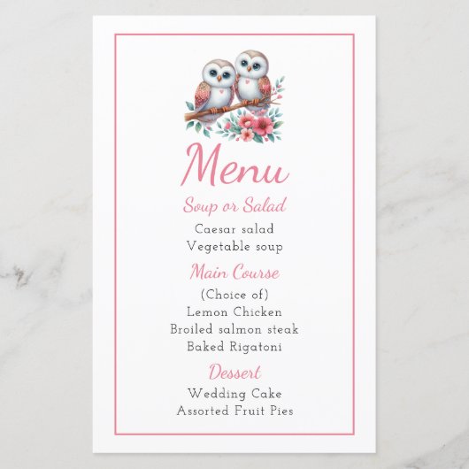 Owl Woodland Boho Rustic Country Wedding Menu (Voorkant)