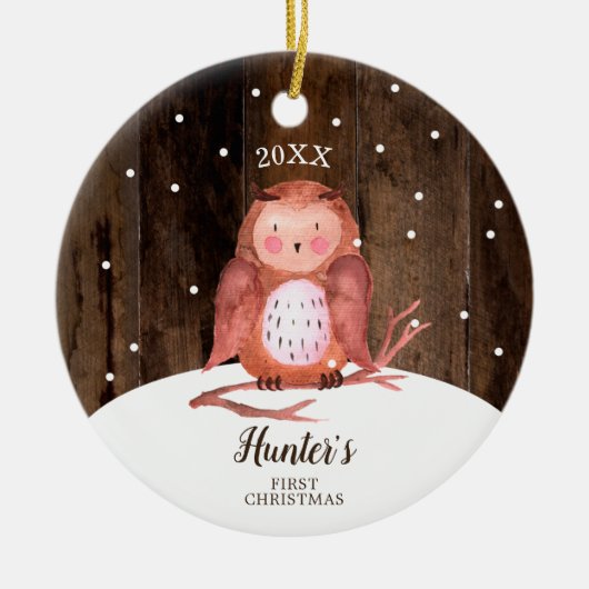 Owl Woodland Gepersonaliseerde Baby's Eerste Kerst Keramisch Ornament (Voorkant)