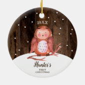 Owl Woodland Gepersonaliseerde Baby's Eerste Kerst Keramisch Ornament (Achterkant)