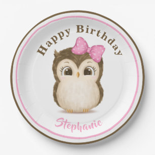 Owl Woodland Waterverf Pink Birthday Name Papieren Bordje