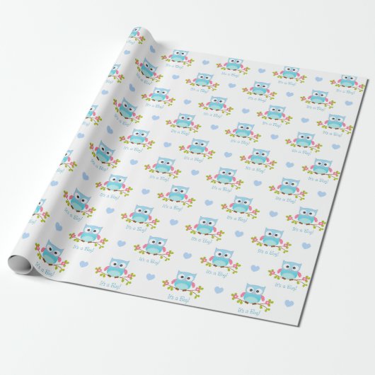 Owl Wrapping Paper Baby Boy Blue Het is een jongen Cadeaupapier (Uitgerold)