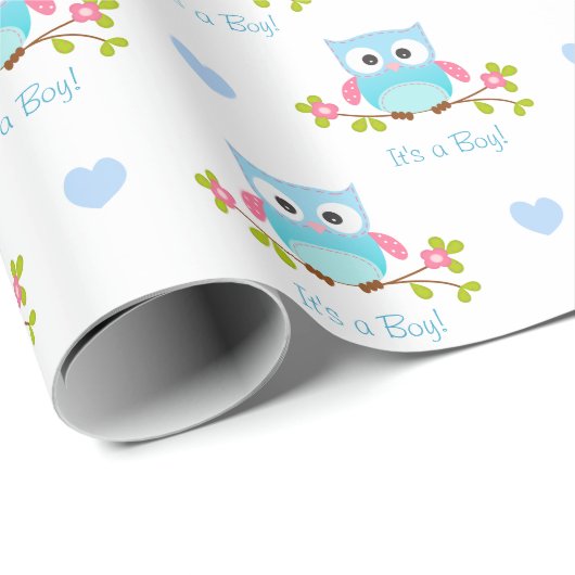 Owl Wrapping Paper Baby Boy Blue Het is een jongen Cadeaupapier (Rol Hoek)