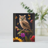 Owl Yellow Butterflies Floral Illustration Briefkaart (Staand voorkant)