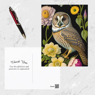 Owl Yellow Floral Artwork Bedankt Briefkaart