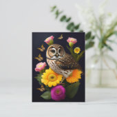 Owl Yellow Pink Floral Butterfly Illustration Briefkaart (Staand voorkant)