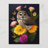 Owl Yellow Pink Floral Butterfly Illustration Briefkaart (Voorkant)