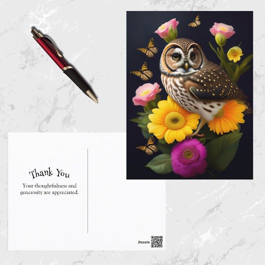Owl Yellow Pink Floral Butterfly Illustration Briefkaart