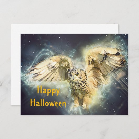 Owl Yellow Wings Spread Graphic Halloween Briefkaart (Voorkant / Achterkant)