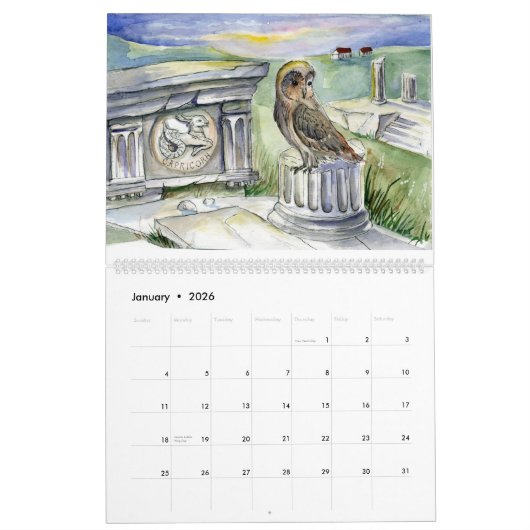 Owl zodiac fantasy waterverven kalender (Jan 2026)