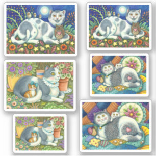 OWLS EN KATTEN, LAND FOLK ART KITTEN STICKER