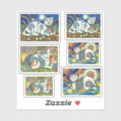 OWLS EN KATTEN, LAND FOLK ART KITTEN STICKER (Vel)