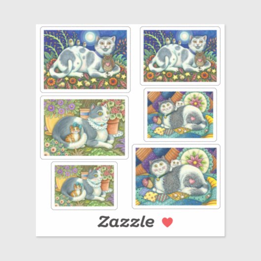 OWLS EN KATTEN, LAND FOLK ART KITTEN STICKER (Vel)