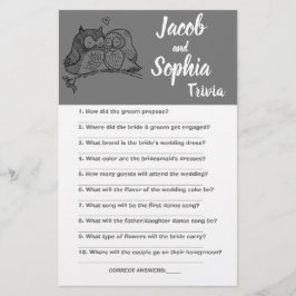 OWLS LOVE, BRIDE & GROOM TRIVIA SHOWER GAME KAART