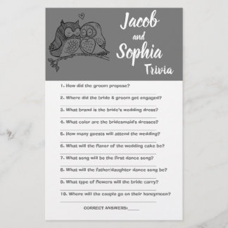 OWLS LOVE, BRIDE & GROOM TRIVIA SHOWER GAME KAART