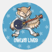 Owlvis leeft! Gitaar Uil in Jumpsuit Cartoon Ronde Sticker (Voorkant)