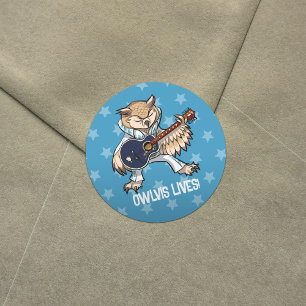 Owlvis leeft! Gitaar Uil in Jumpsuit Cartoon Ronde Sticker