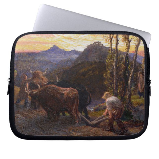 Oxen-ploegen op zonsondergang (m/v op papier) laptop sleeve (Voorkant)