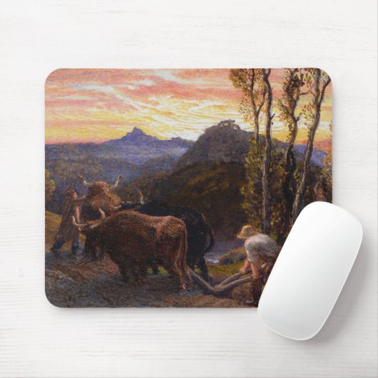 Oxen-ploegen op zonsondergang (m/v op papier) muismat (Met muis)