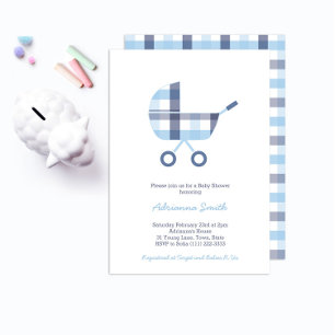 Oxford Check Buggy Boy Baby shower Party Kaart