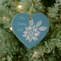 Oxford Teal en Zilver Poinsettia Keramisch Ornament