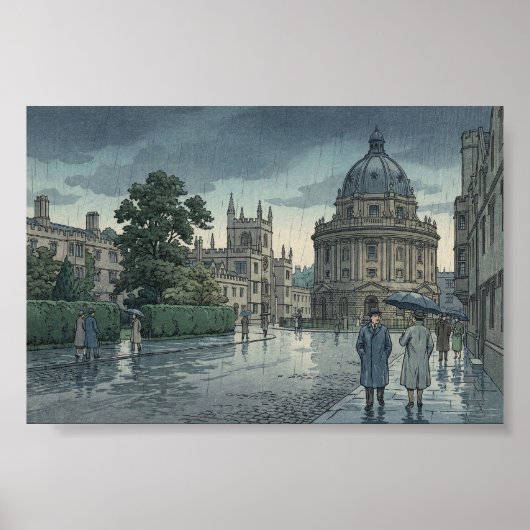 Oxford University in Rain Japanese Woodblock Print (Voorkant)