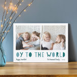 Oy to World | 2 Foto Hanukkah Feestdagenkaart<br><div class="desc">Whimsical Hanukkah-fotokaart bevat twee van uw favoriete familiefoto's in een vierkant formaat dat naast elkaar is uitgelijnd. "Oy to the World" staat onder in blauw en groen snijblad. Pas met uw familienaam of namen, douanegroet, en het jaar langs de bodem aan. Een grappige en moderne Hanukkah-kaart die is ontworpen om...</div>