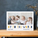 Oy to World | 2 Foto Hanukkah Feestdagenkaart<br><div class="desc">Whimsical Hanukkah-fotokaart bevat twee van uw favoriete familiefoto's in een vierkant formaat dat naast elkaar is uitgelijnd. "Oy to the World" staat onder in blauw en gouden gele snijsla. Pas met uw familienaam of namen, douanegroet, en het jaar langs de bodem aan. Een grappige en moderne Hanukkah-kaart die is ontworpen...</div>