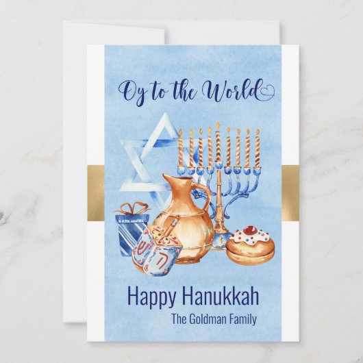 Oy to World Blue Gold Hanukkah Feestdagenkaart (Voorkant)