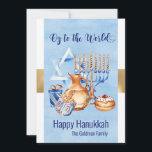 Oy to World Blue Gold Hanukkah Feestdagenkaart<br><div class="desc">Dit ontwerp werd gecreeerd door digitale kunst. Het kan op het gebied worden gepersonaliseerd dat door de foto en/of de tekst te veranderen wordt verstrekt. Of het kan worden aangepast door de klik te kiezen om de andere optie aan te passen en de kleur op de achtergrond te verwijderen of...</div>