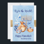 Oy to World Blue Gold Hanukkah Feestdagenkaart<br><div class="desc">Dit ontwerp werd gecreeerd door digitale kunst. Het kan op het gebied worden gepersonaliseerd dat door de foto en/of de tekst te veranderen wordt verstrekt. Of het kan worden aangepast door de klik te kiezen om de andere optie aan te passen en de kleur op de achtergrond te verwijderen of...</div>