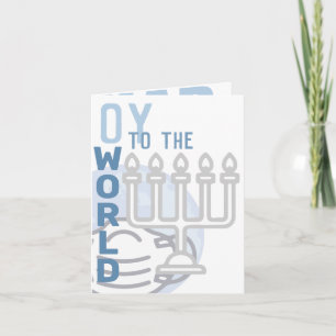 Oy to world Funny Hanukkah Menorah Folded Blue Feestdagen Kaart