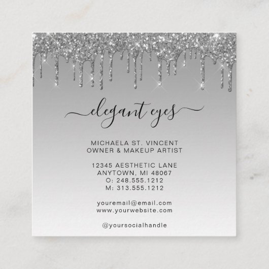 Oyes Glitter Drip Makeup Artist Silver Pink Vierkante Visitekaartje (Achterkant)