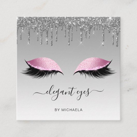 Oyes Glitter Drip Makeup Artist Silver Pink Vierkante Visitekaartje (Voorkant)