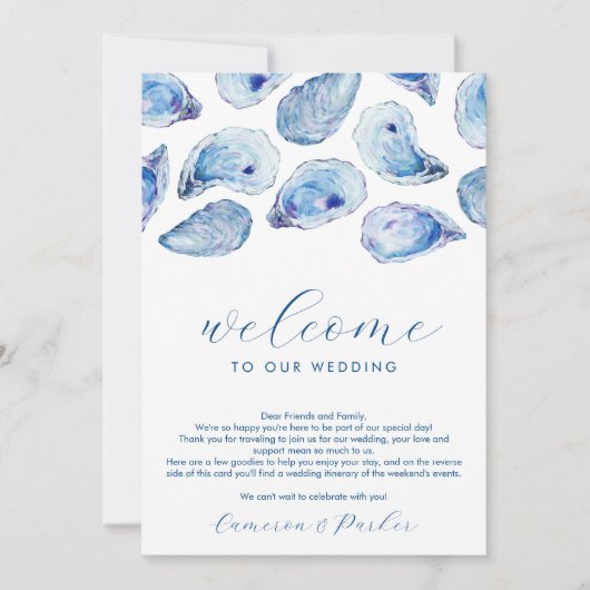 Oyster Blauwe Waterverf Bruiloft Welkomstroute Bedankkaart (Voorkant)