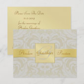 Oyster Damask Gold Monogram Save the Date Briefkaa Aankondigingskaart (Voorkant / Achterkant)