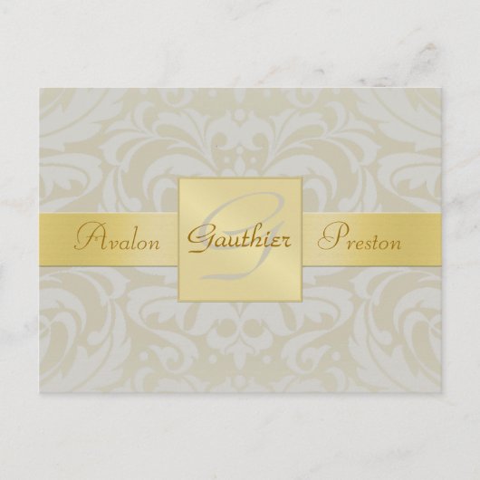 Oyster Damask Gold Monogram Save the Date Briefkaa Aankondigingskaart (Voorkant)